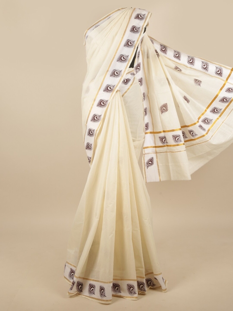 

Pothys Off White & Brown Ethnic Motifs Zari Saree