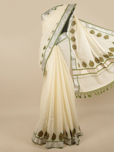 

Pothys Off White & Green Ethnic Motifs Zari Saree