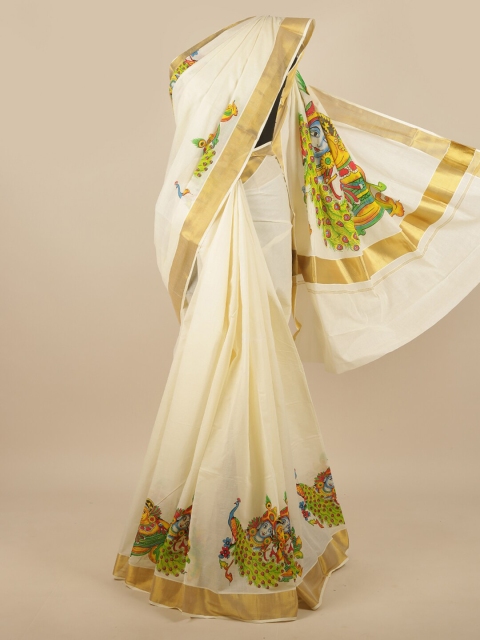 

Pothys Off White & Green Ethnic Motifs Kerala Cotton Zari Saree