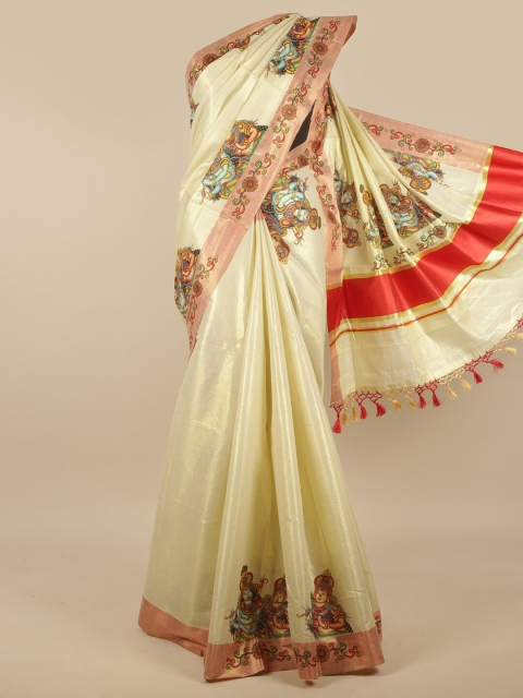 

Pothys Gold-Toned & Red Ethnic Motifs Kasavu Saree