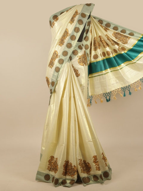 

Pothys Gold-Toned & Green Ethnic Motifs Printed Zari Saree