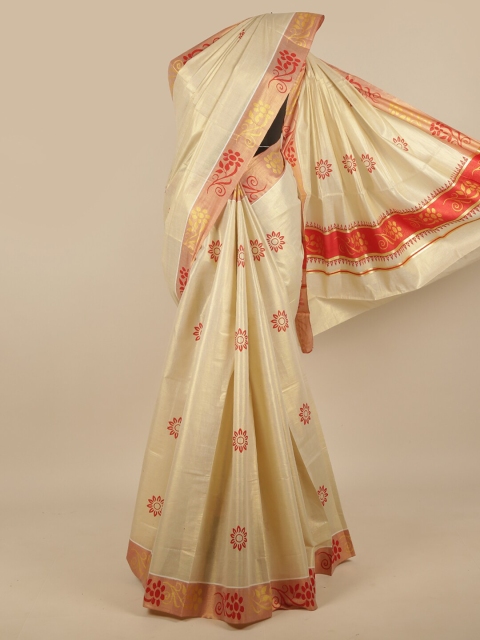 

Pothys Cream-Coloured & Red Floral Kerala CottonSaree