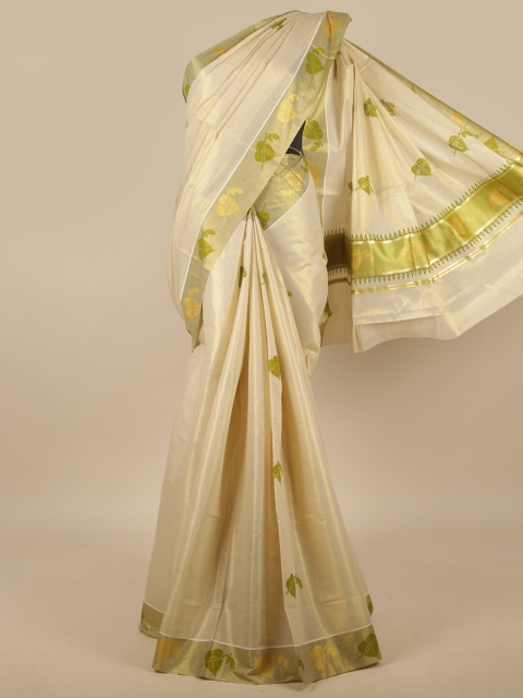 

Pothys Cream-Coloured & Green Ethnic Motifs Saree