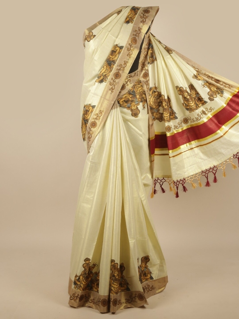 

Pothys Gold-Toned & Brown Ethnic Motifs Zari Kasavu Saree