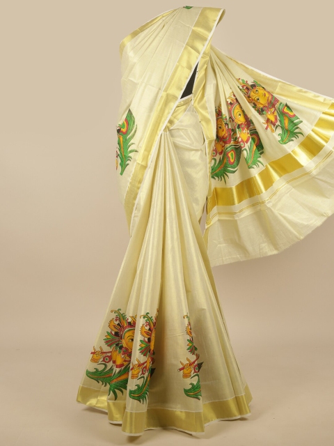 

Pothys Gold-Coloured & Green Ethnic Motifs Zari Kerala Kasavu Saree