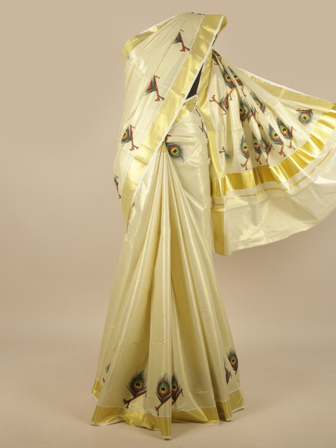 

Pothys Gold-Toned & Green Ethnic Motifs Zari Kasavu Saree