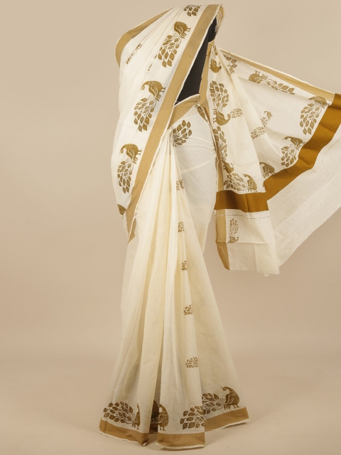 

Pothys Off White Ethnic Motifs Printed Cotton Blend Saree