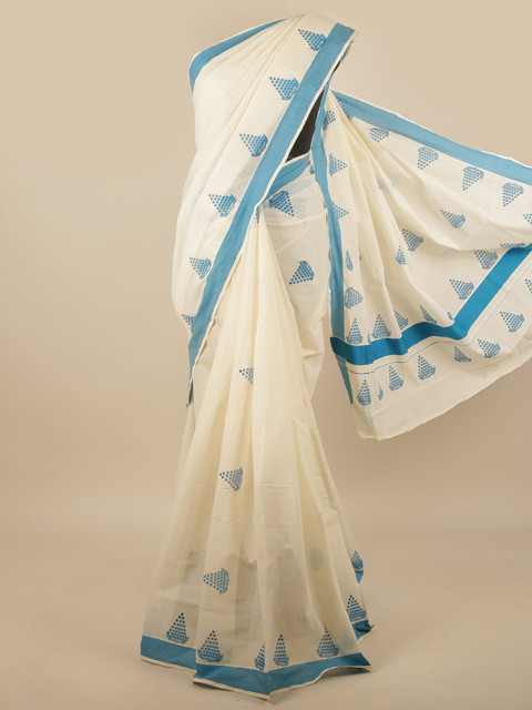 

Pothys Off White & Blue Kasavu Saree