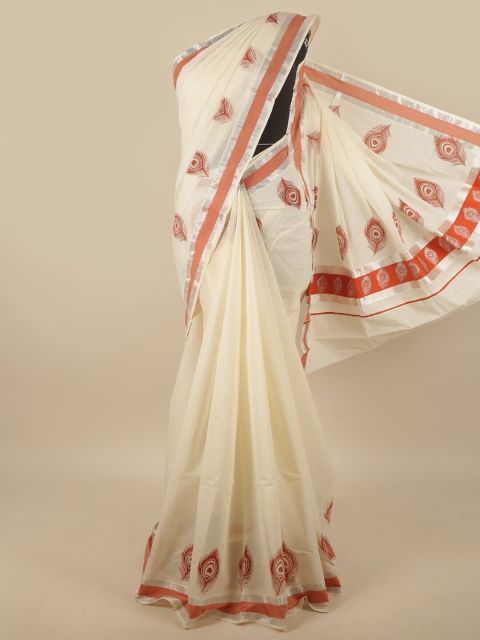 

Pothys Off-White & Orange Ethnic Motifs Zari Kerala Kasavu Saree