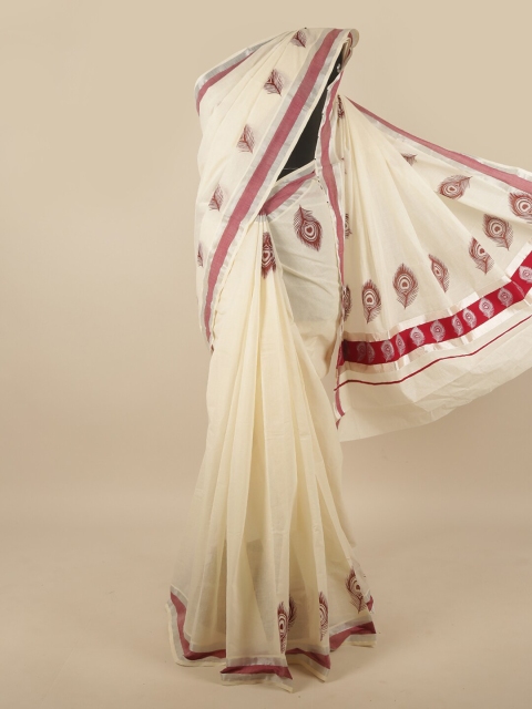 

Pothys Off White & Brown Ethnic Motifs Kerala Cotton Saree