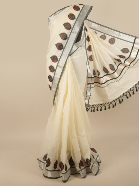 

Pothys Off White & Black Ethnic Motifs Kerala Cotton Saree