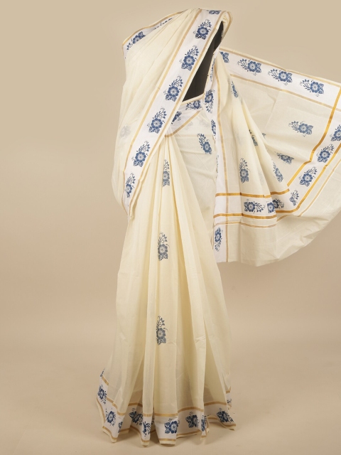 

Pothys Off White Ethnic Motifs Printed Cotton Blend Saree