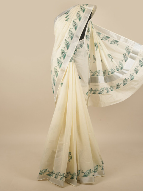 

Pothys Off White & Green Ethnic Motifs Zari Saree