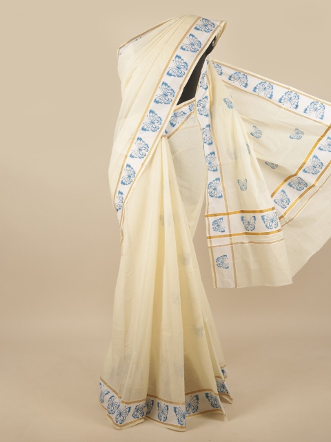 

Pothys Off White & Blue Ethnic Motifs Kerala Cotton Saree