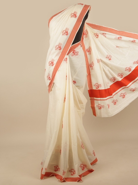 

Pothys Off White & Orange Floral Kerala Cotton Saree