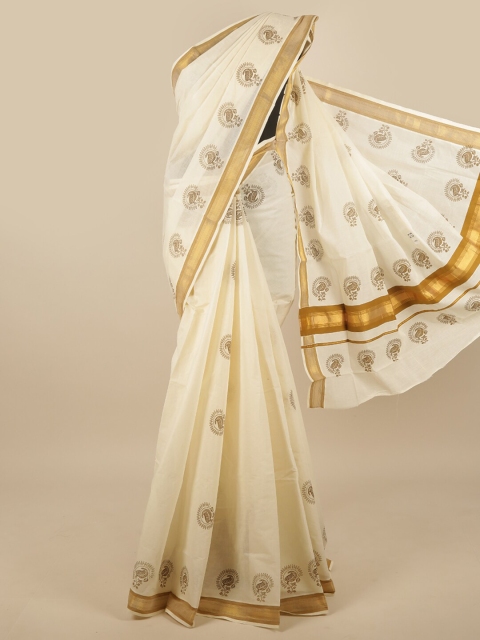 

Pothys Off White & Brown Ethnic Motifs Zari Saree