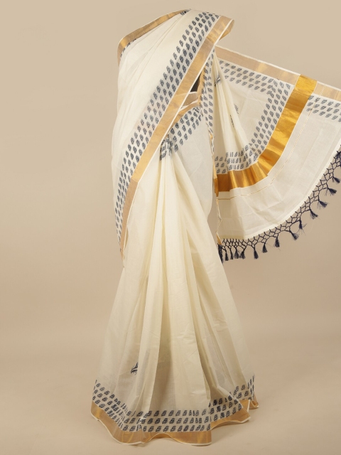 

Pothys Off-White & Gold-Coloured Ethnic Motifs Zari Kerala Kasavu Saree