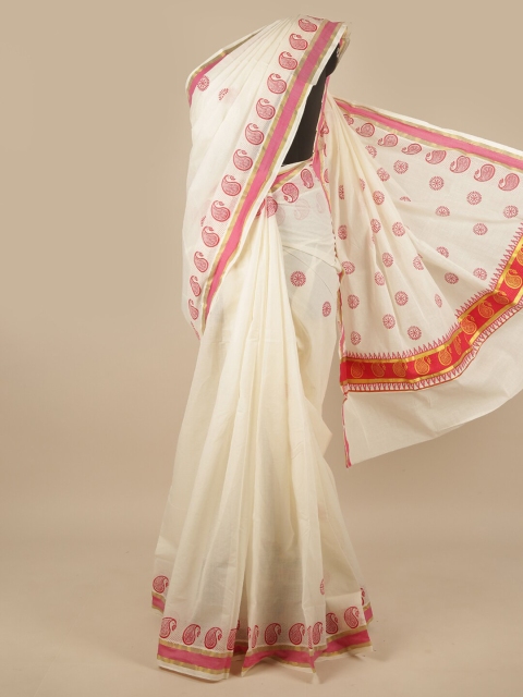 

Pothys Off White & Pink Paisley Kerala Cotton Zari Saree