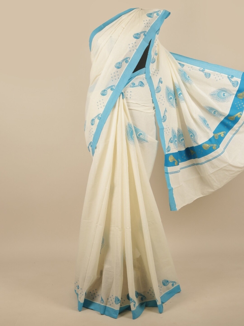 

Pothys Off White & Blue Floral Saree