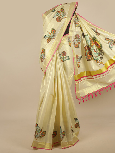 

Pothys Gold-Toned Ethnic Motifs Printed Cotton Blend Saree