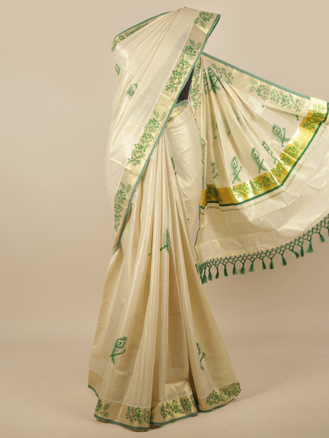 

Pothys Cream-Coloured & Green Floral Saree