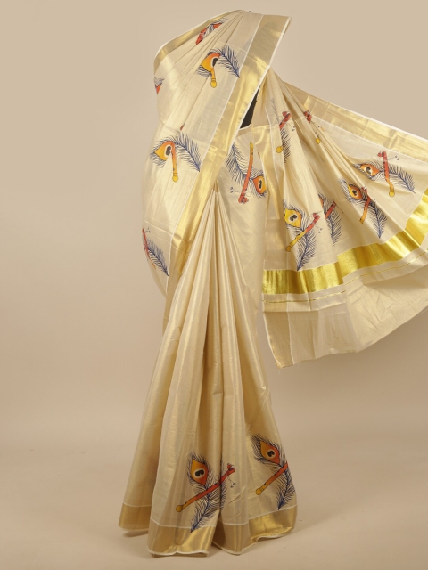 

Pothys Cream-Coloured & Yellow Ethnic Motifs Kerala Cotton Saree