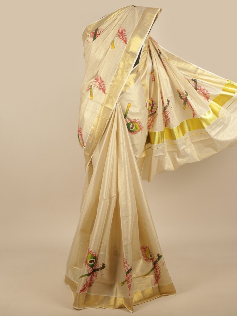 

Pothys Cream-Coloured & Gold-Toned Ethnic Motifs Zari Border Saree