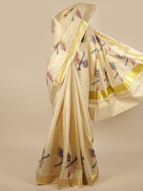 

Pothys Cream-Coloured & Gold-Toned Ethnic Motifs Zari Saree