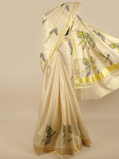 

Pothys Gold-Toned & Lime Green Ethnic Motifs Zari Saree