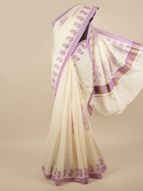 

Pothys Off White & Violet Ethnic Motifs Kerala Cotton Saree