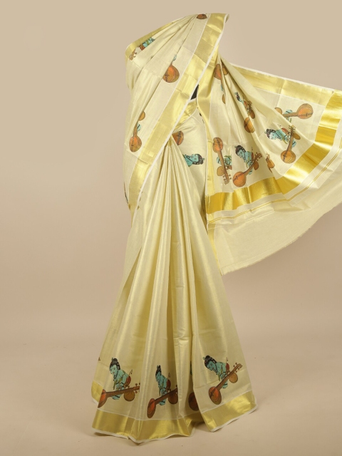 

Pothys Gold-Toned & Blue Ethnic Motifs Zari Kasavu Saree