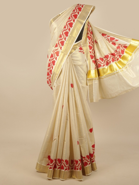 

Pothys Gold-Toned & Red Floral Zari Saree