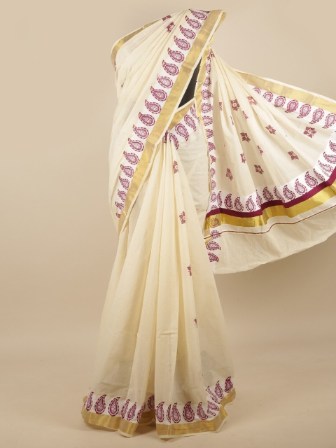 

Pothys Off White & Purple Ethnic Motifs Printed Cotton Blend Saree