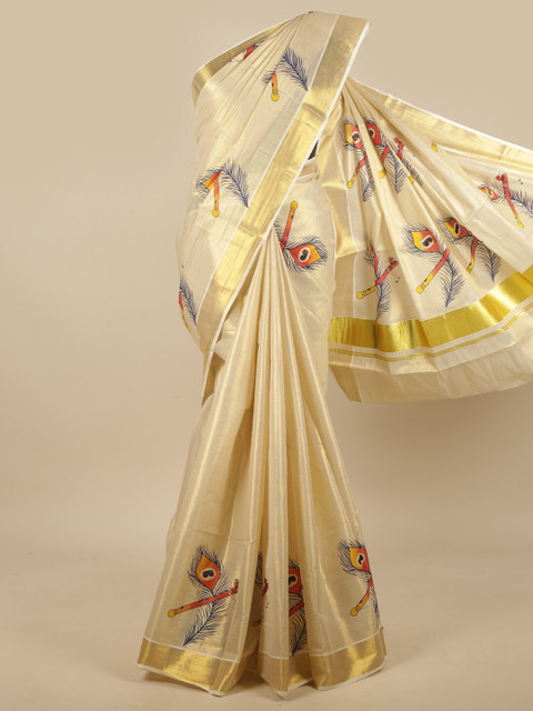 

Pothys Gold-Toned & Orange Ethnic Motifs Zari Saree