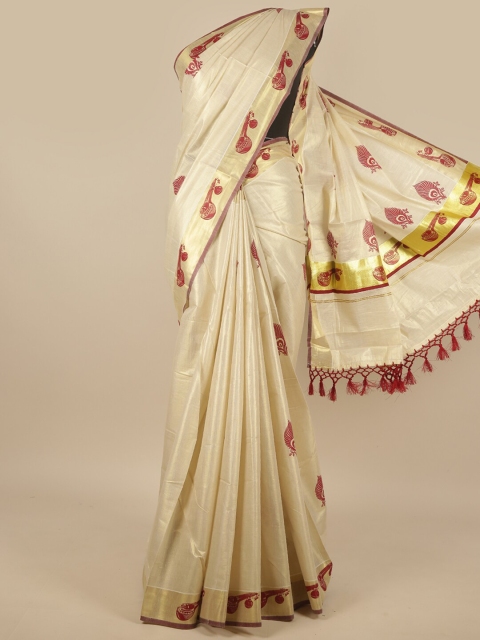 

Pothys Cream-Coloured & Maroon Ethnic Motifs Zari Kerala Kasavu Saree