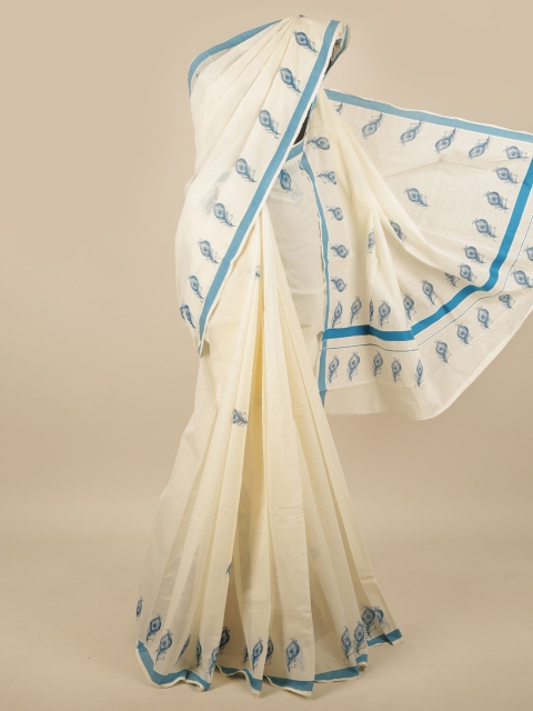 

Pothys Off-White & Blue Ethnic Motifs Kerala Kasavu Saree