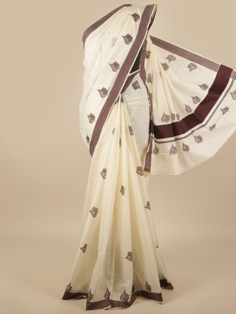 

Pothys Off White & Brown Floral Printed Kerala Cotton Saree