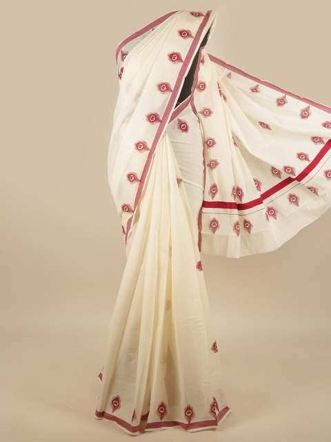 

Pothys Off-White & Maroon Ethnic Motifs Kerala Kasavu Saree
