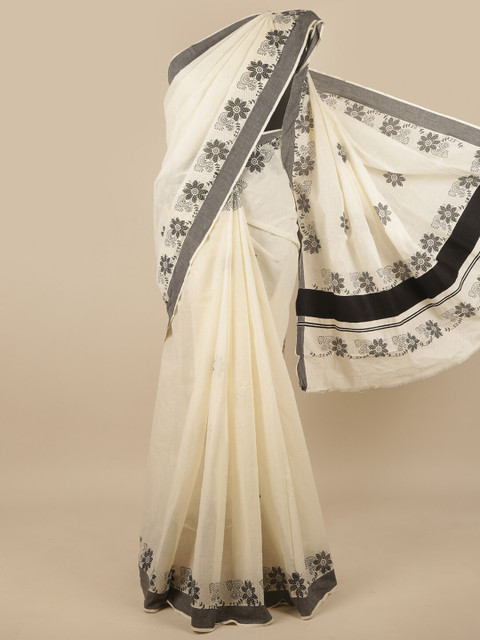 

Pothys Off White & Black Floral Kasavu Saree
