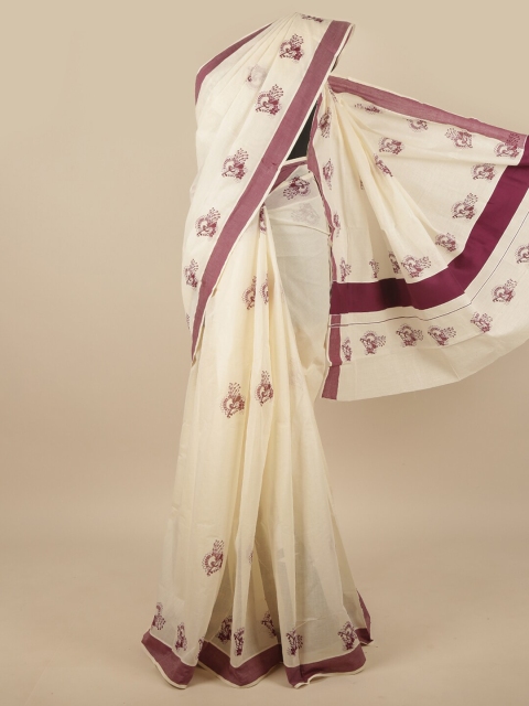 

Pothys Off White & Brown Ethnic Motifs Kerala Cotton Saree