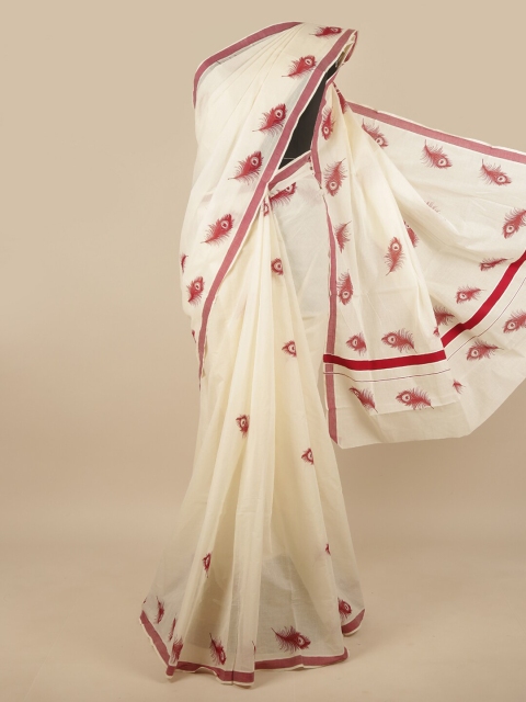 

Pothys Off White & Maroon Ethnic Motifs Kasavu Saree