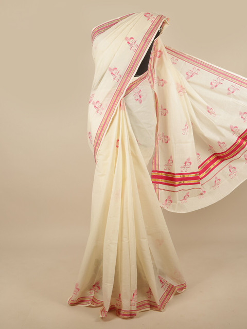 

Pothys Off White & Pink Ethnic Motifs Zari Saree