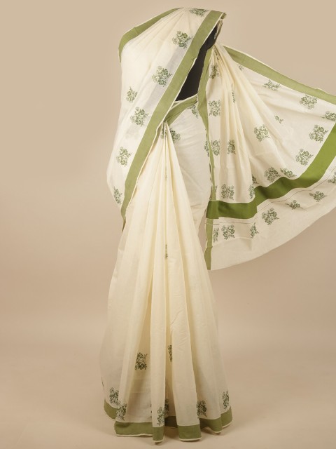 

Pothys Off White & Green Ethnic Motifs Saree