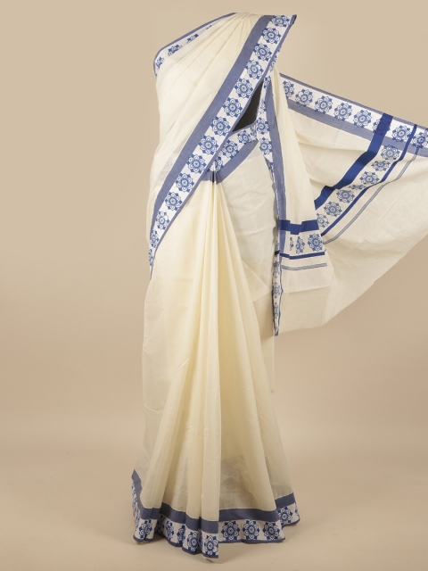 

Pothys Off White & Blue Printed Border Kerala Cotton Saree