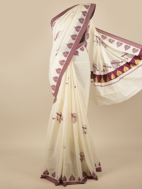 

Pothys Off White & Burgundy Floral Printed Saree