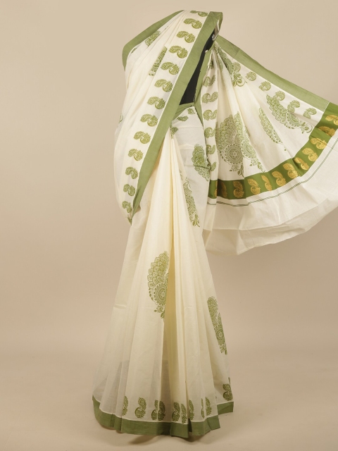 

Pothys Off White & Green Ethnic Motifs Kerala Cotton Saree