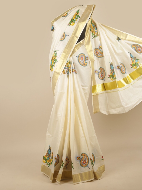 

Pothys Off-White & Gold-Coloured Ethnic Motifs Zari Kerala Kasavu Saree