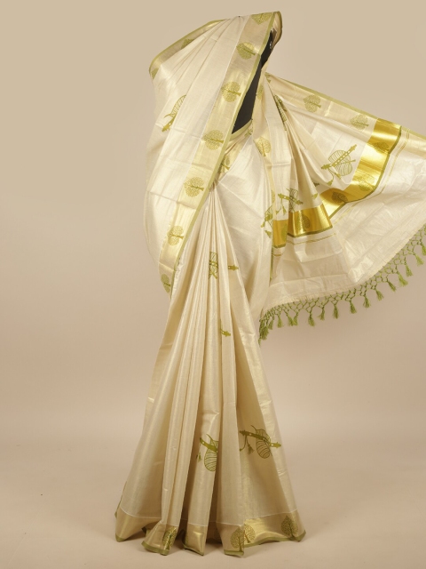 

Pothys Cream-Coloured & Green Ethnic Motifs Zari Kasavu Saree