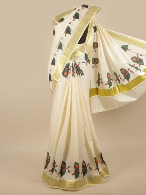 

Pothys Off White & Gold-Toned Ethnic Motifs Zari Kerala Cotton Saree