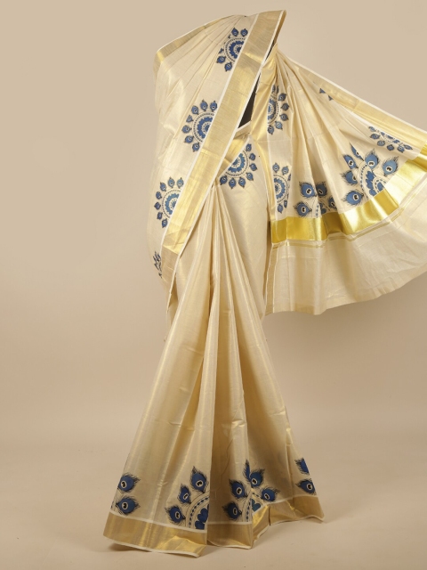 

Pothys Cream-Coloured & Blue Ethnic Motifs Zari Saree